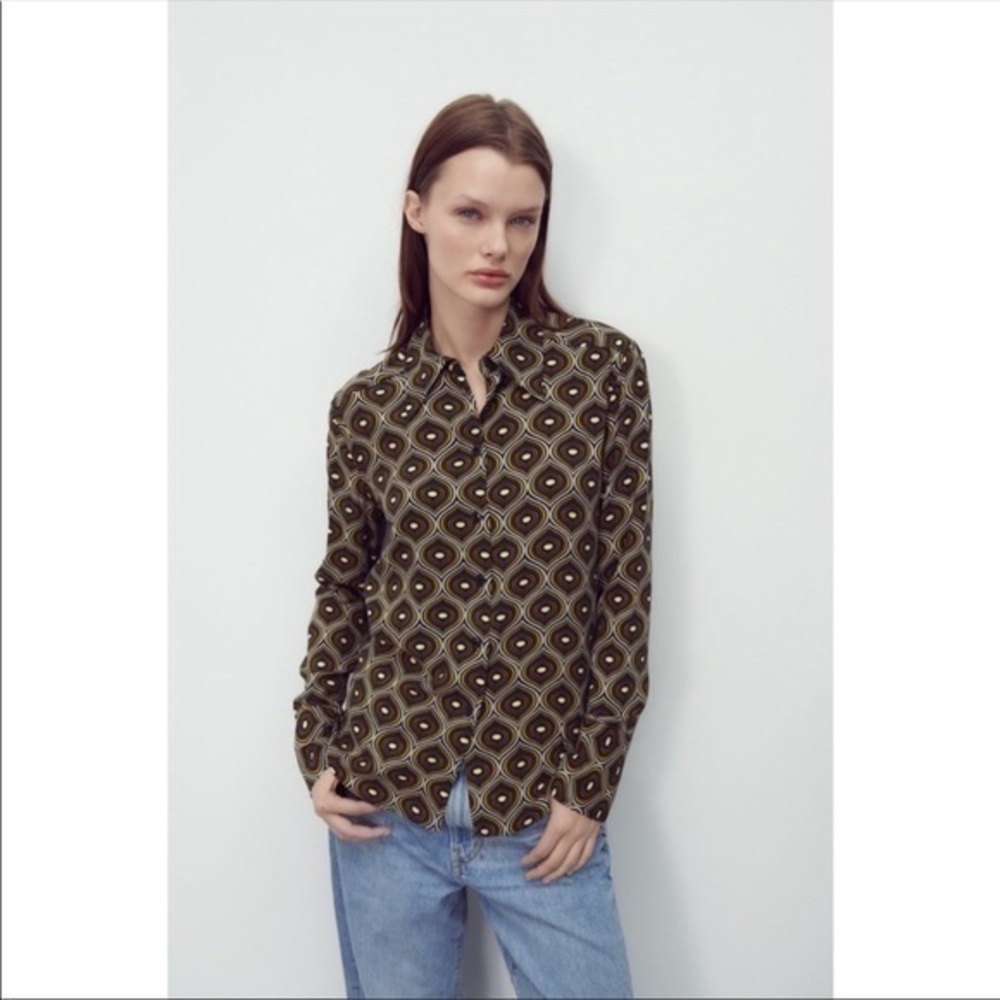 New Zara | Retro Print Brown Beige Printed Long Sleeve Blouse Size Extra Small